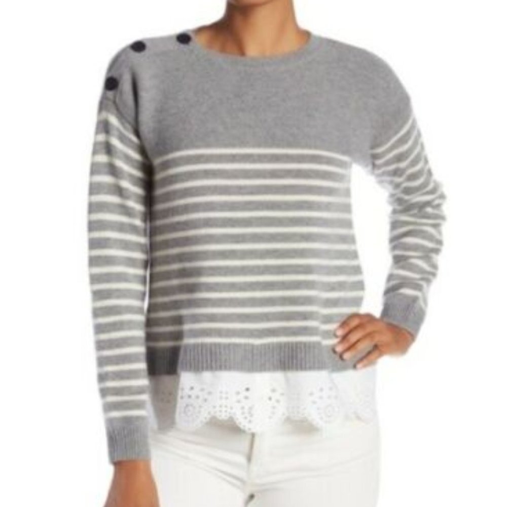 Joie women M wool cashmere blend eyelet lace trimmed striped‎ sweater costal